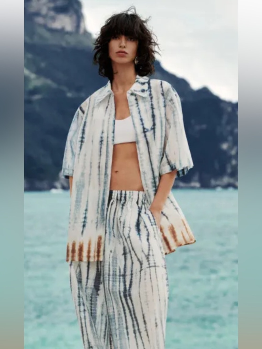 COS Womens pants/shirt SET with Blue Stripes and Brown Dip Tie Dye